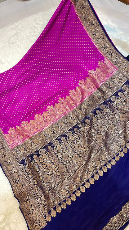 Pure Banarasi Khaddi Crape Silk Handloom Saree with Traditional Corners Rani with Navy Blue color