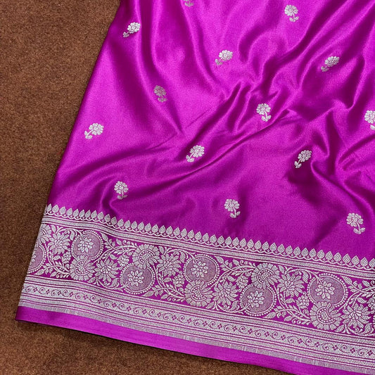 Pure Banarasi Magenta Pink Color with Floral Border All Over Boota Mashru Silk Saree MSW-03