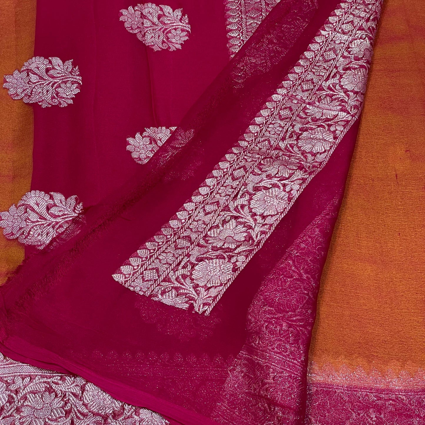 100% Pure Banarasi Khaddi Chiffon Silver Zari Kadwa Buti Handloom Saree Lemon and Strawberry Rani Pink Colour