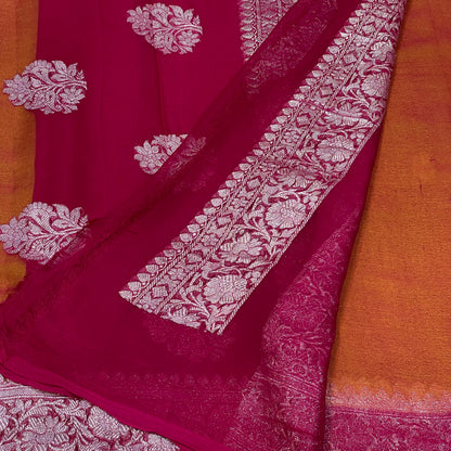 100% Pure Banarasi Khaddi Chiffon Silver Zari Kadwa Buti Handloom Saree Lemon and Strawberry Rani Pink Colour