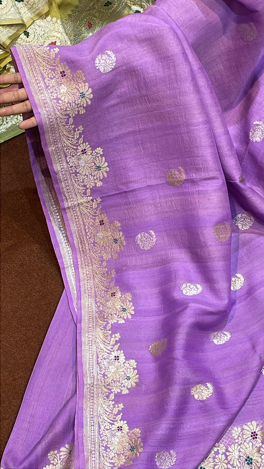 Guaranteed Pure Authentic & Luxurious Banarasi Tusser Georgette Sarees Lavender Color