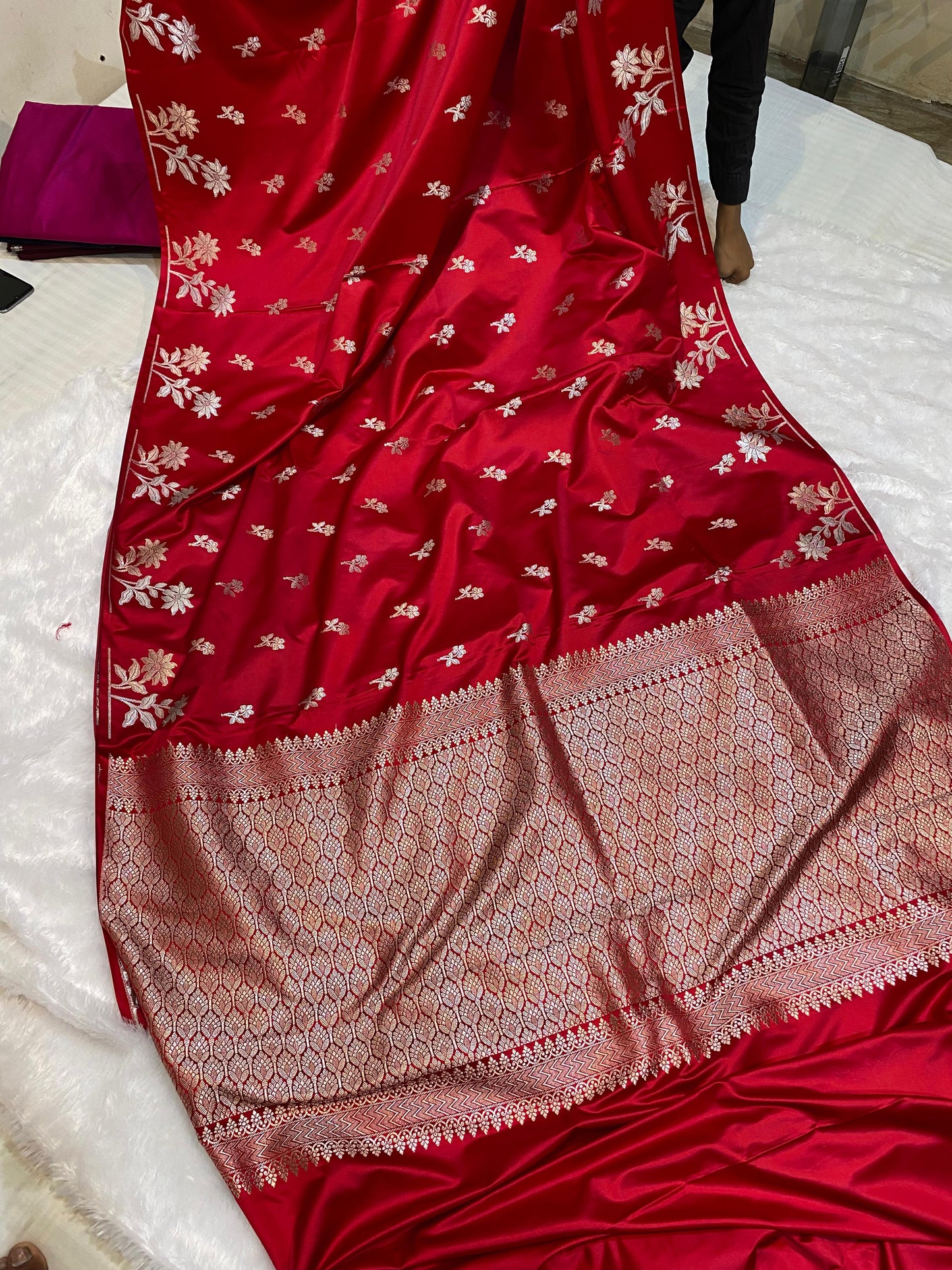 Mashru Silk Saree Crimson Red Color With Sunflower Buta Border Sona Rupa Zari  MSW36