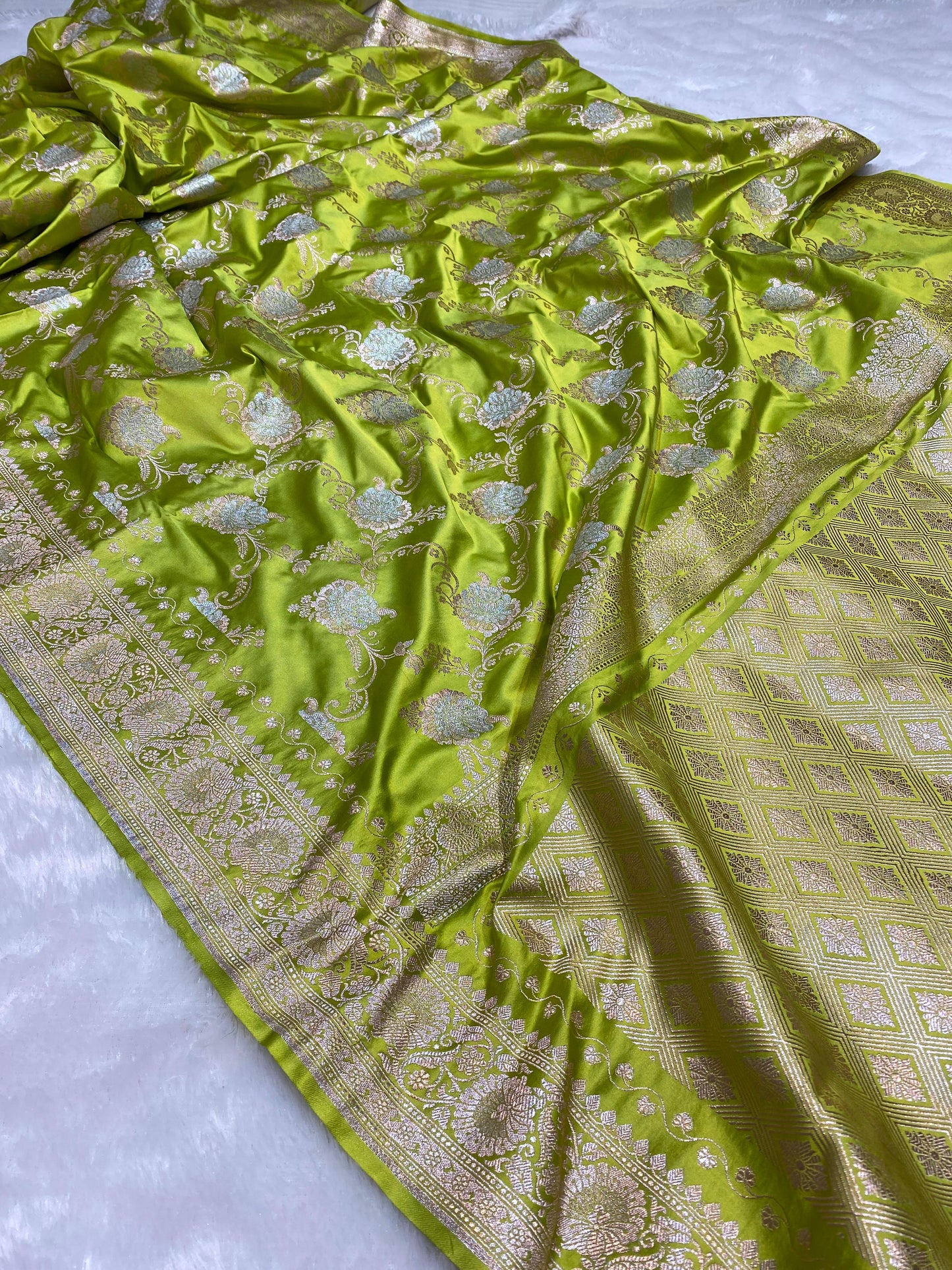 Mashru Silk Saree Canary Green Color With Floral Border Sona Rupa Zari Mina Jaal Pattern  MSW39
