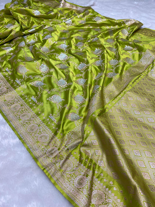 Mashru Silk Saree Canary Green Color With Floral Border Sona Rupa Zari Mina Jaal Pattern  MSW39