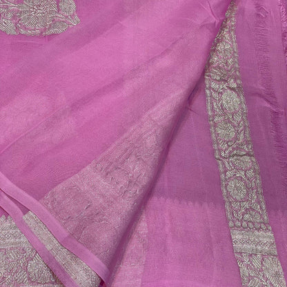 100% Pure Banarasi Khaddi Chiffon Silver Zari Kadwa Buti Handloom Saree Hot pink Colour