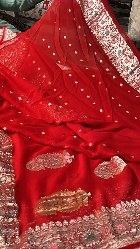 100% Authentic & Luxurious Pure Banarasi Khaddi Chiffon Georgette Saree Scarlet Red Color