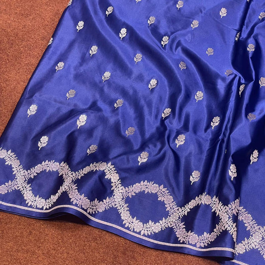 Pure Banarasi Royal Blue Color with Circular Floral Border & Booti Mashru Silk Saree MSW-14