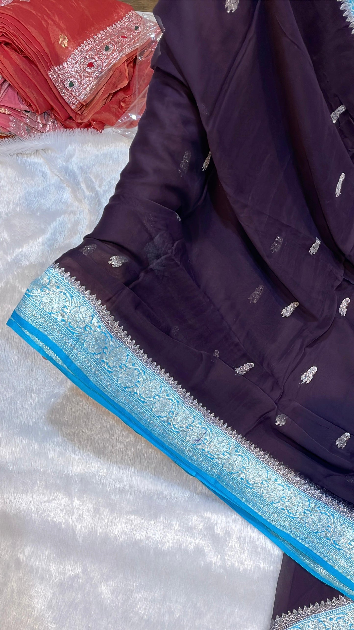 100% Pure Banarasi Khaddi Chiffon Silver Zari Kadwa Buti Handloom Saree Blackish Brown with firozi Colour