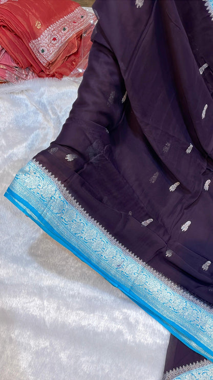 100% Pure Banarasi Khaddi Chiffon Silver Zari Kadwa Buti Handloom Saree Blackish Brown with firozi Colour