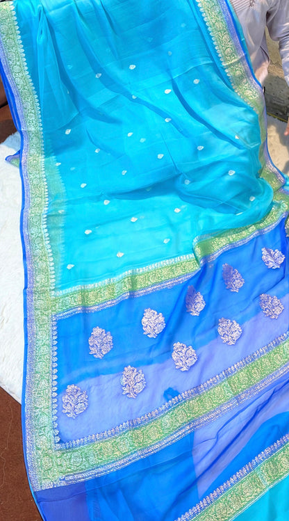 100% 3D Shades Pure Banarasi Khaddi Chiffon Silver Zari Kadwa Buti Handloom Saree