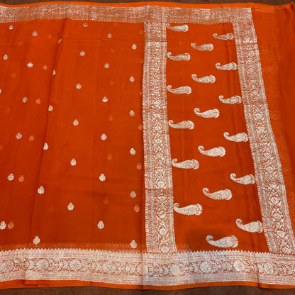 100% Pure Banarasi Khaddi Chiffon Silver Zari Kadwa Buti Handloom Saree Orangish Rust Colour