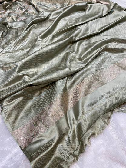 Mashru Silk Saree Ash Grey Color With Floral Border Sona Rupa Zari Mina Jaal Pattern MSW40