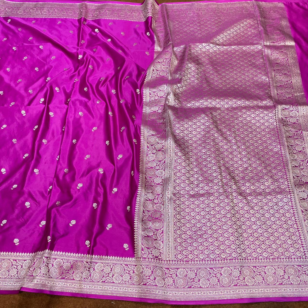 Mashru Silk Saree Magenta Pink Color with Floral Border All Over Boota MSW-03