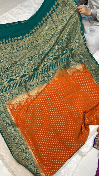 Pure Banarasi Khaddi Crape Silk Handloom Saree with Traditional Corners Orange With Green