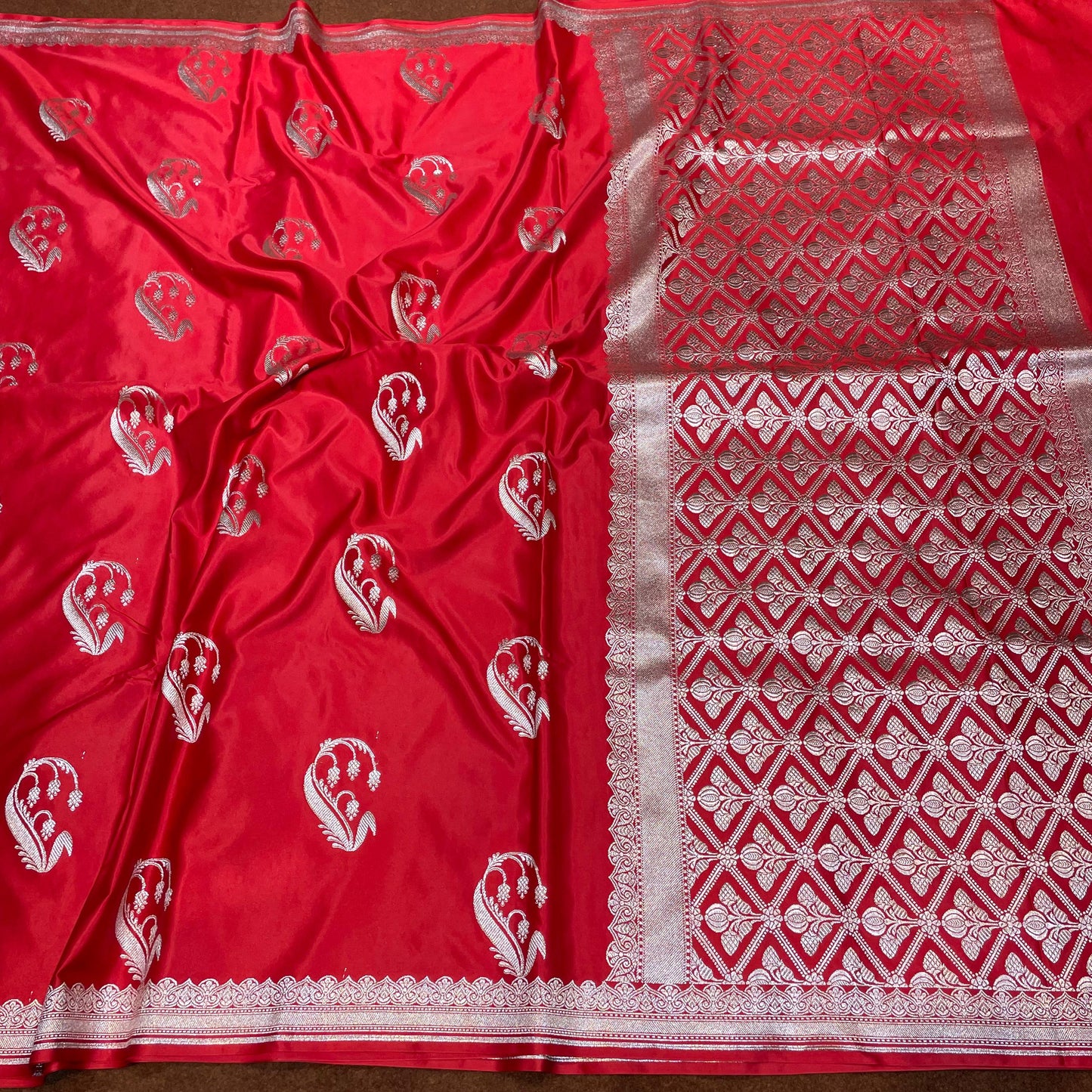 Mashru Silk Saree Red Color with Short Border Delicate Paisley/Mango Boota  MSW-13