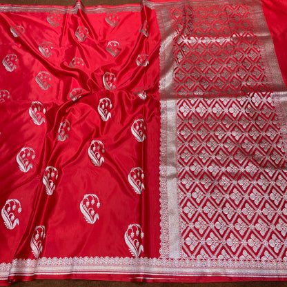 Mashru Silk Saree Red Color with Short Border Delicate Paisley/Mango Boota  MSW-13