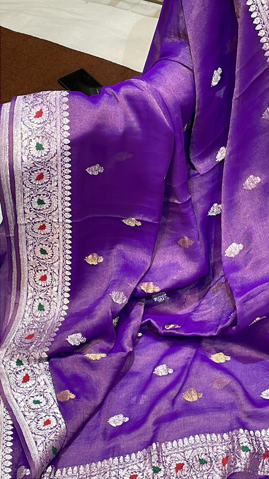 100% Authentic Pure Banarasi Khaddi Chiffon Tissue Saree Purple Violet Color