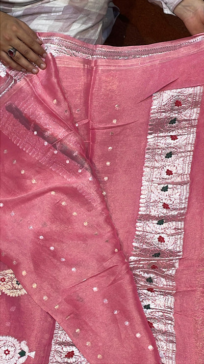 100% Authentic & Luxurious Pure Banarasi Khaddi Chiffon Tissue Saree Enchanting Rose Pink Colour