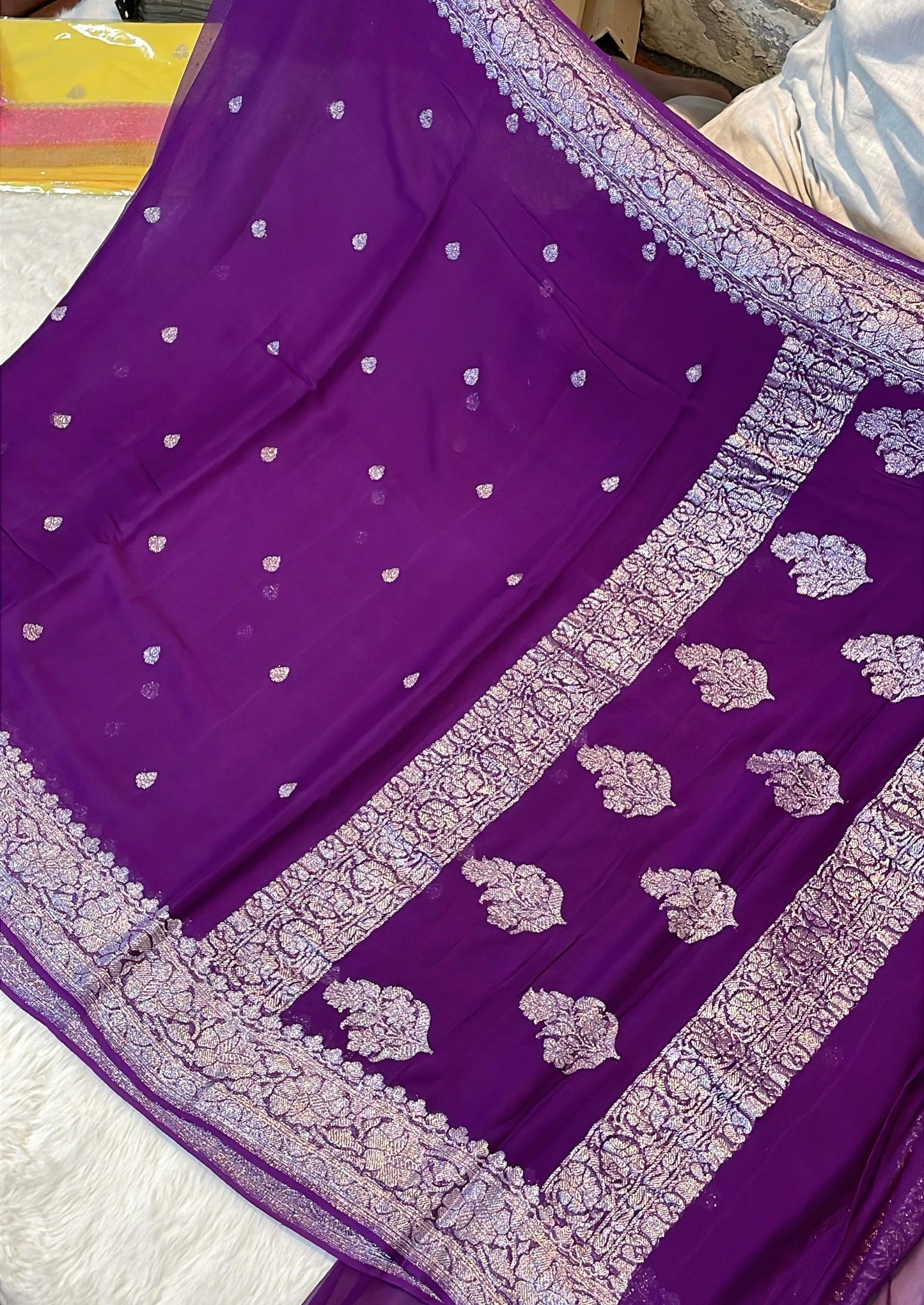 100% Pure Banarasi Khaddi Chiffon Silver Zari Kadwa Buti Handloom Deep Purple Color