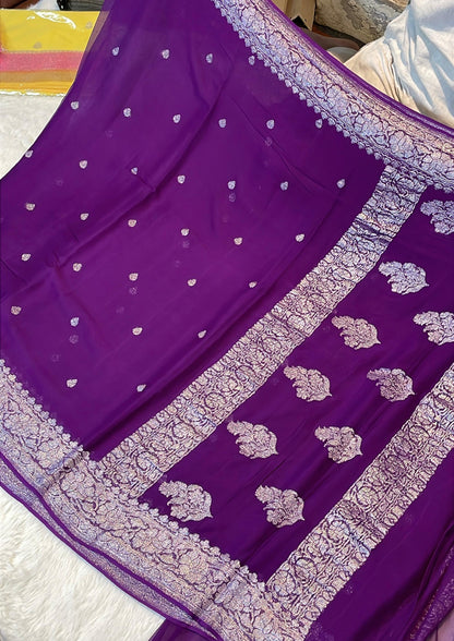 100% Pure Banarasi Khaddi Chiffon Silver Zari Kadwa Buti Handloom Deep Purple Color