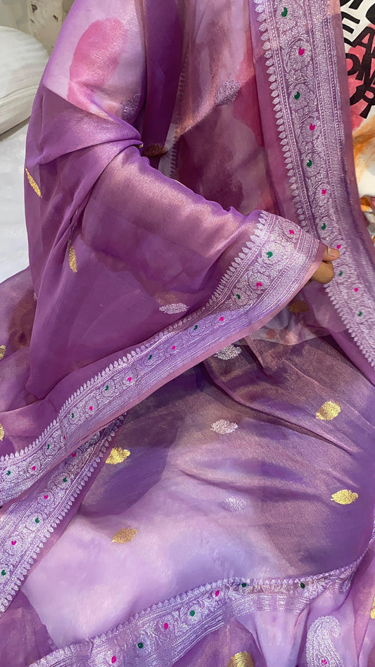 100% Authentic & Luxurious Pure Banarasi Khaddi Chiffon Tissue Saree Lavender/Purple Shade
