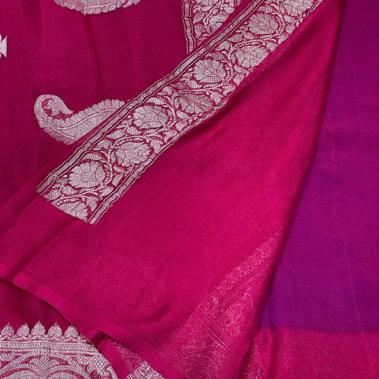 100% Pure Banarasi Khaddi Chiffon Silver Zari Kadwa Buti Handloom Saree Royal Blue with Rani Pink Colour
