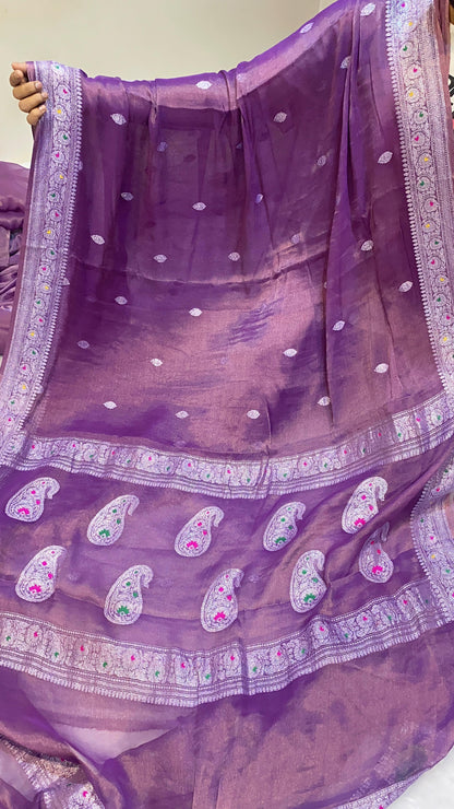 100% Authentic & Luxurious Pure Banarasi Khaddi Chiffon Tissue Saree Lavender Shade