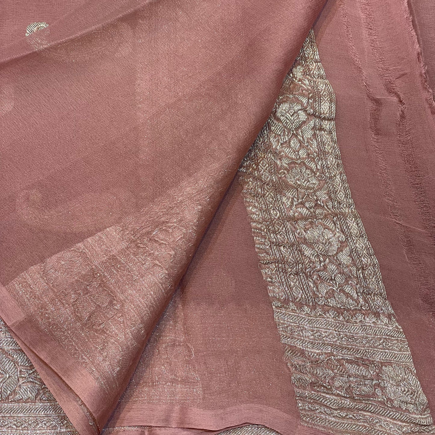 100% Pure Banarasi Khaddi Chiffon Silver Zari Kadwa Buti Handloom Saree Gazri Colour