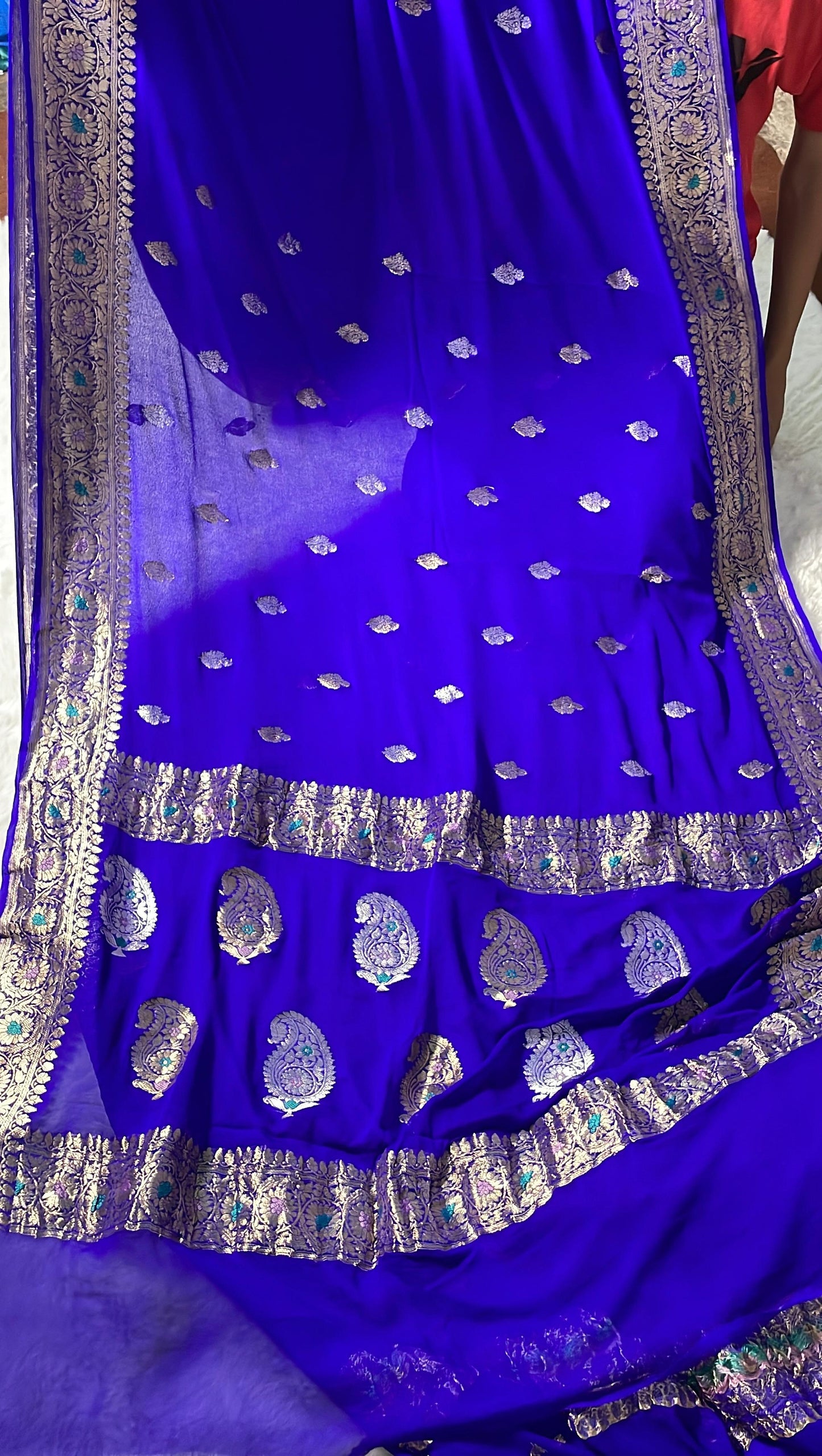 100% Authentic & Luxurious Pure Banarasi Khaddi Chiffon Georgette Saree Royal Blue Color