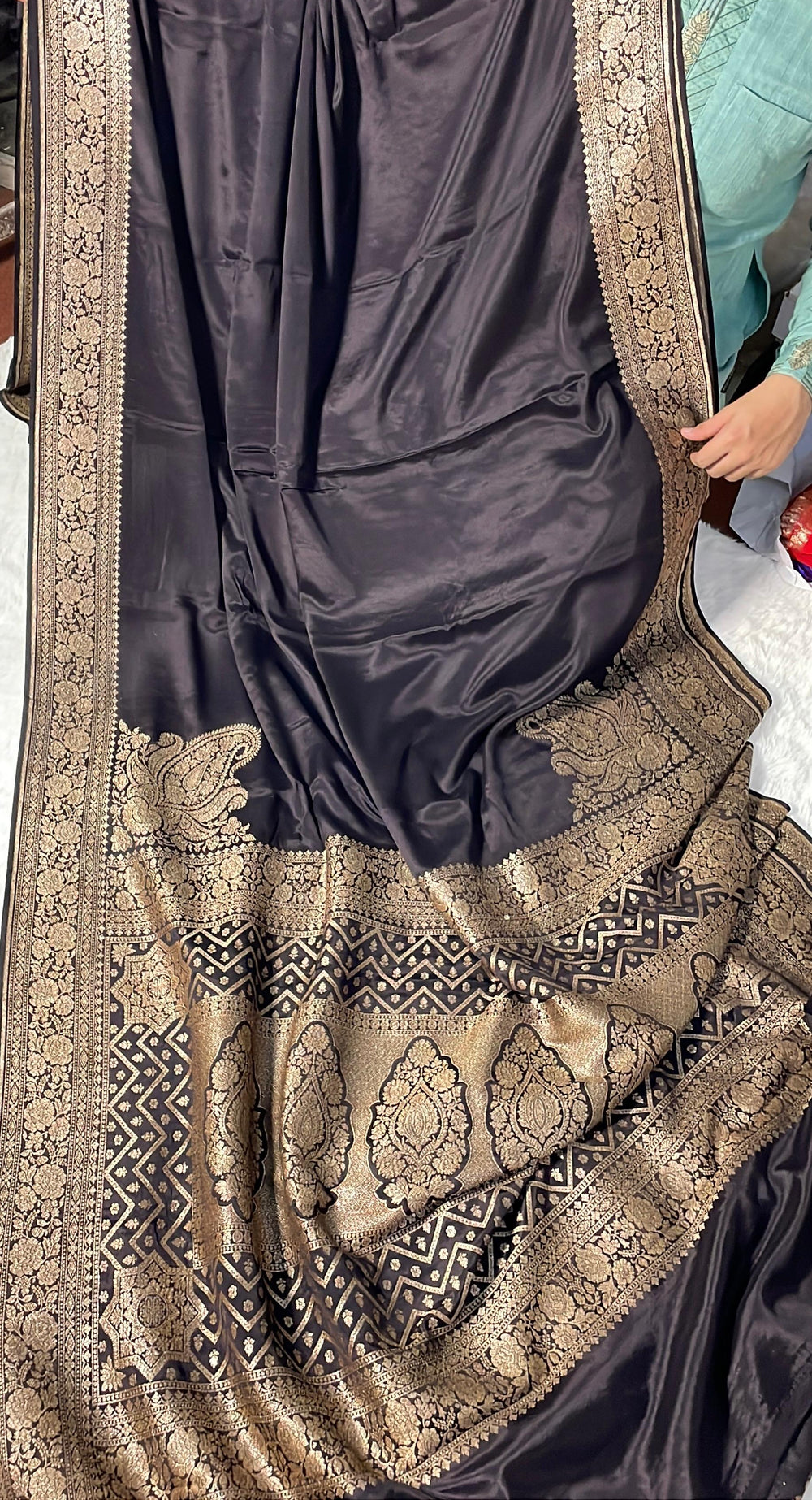 Pure Banarasi Khaddi Crape Silk Handloom Saree with Traditional Corners Surmai(kohl) Black Color