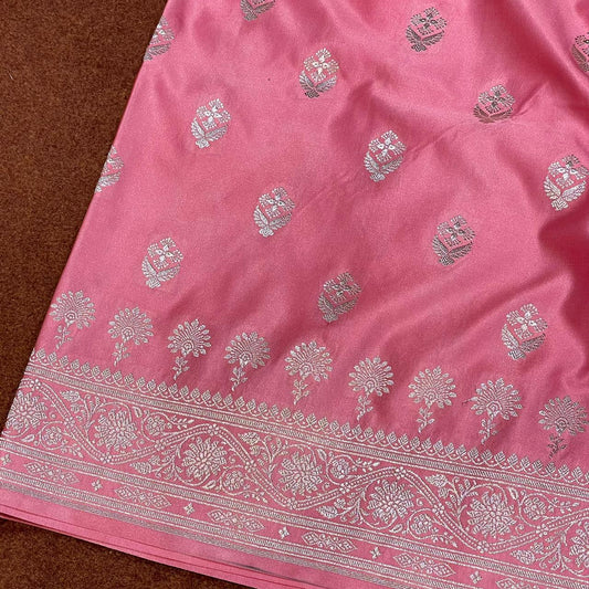 Pure Banarasi Peach-ish Pink Color With Floral Border All Floral Pattern Mashru Silk Saree MSW-102