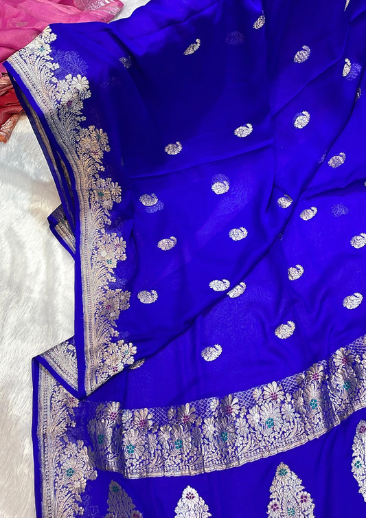 100% Authentic & Luxurious Pure Banarasi Khaddi Chiffon Tissue Saree Orchid Blue Color