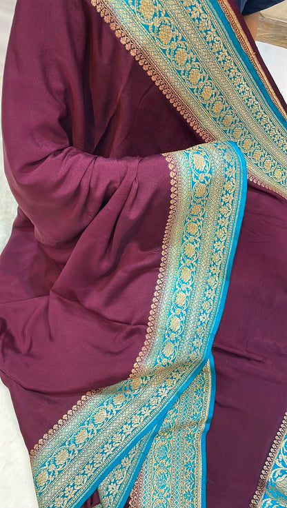 Pure Banarasi Khaddi Crape Silk Handloom Saree with Traditional Corners Wine with Firozi color