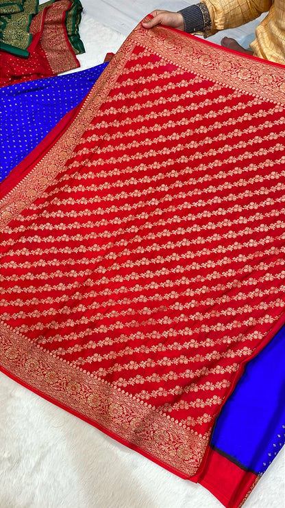 Pure Banarasi Khaddi Crape Silk Handloom Saree with Traditional Corners Blue With red Color