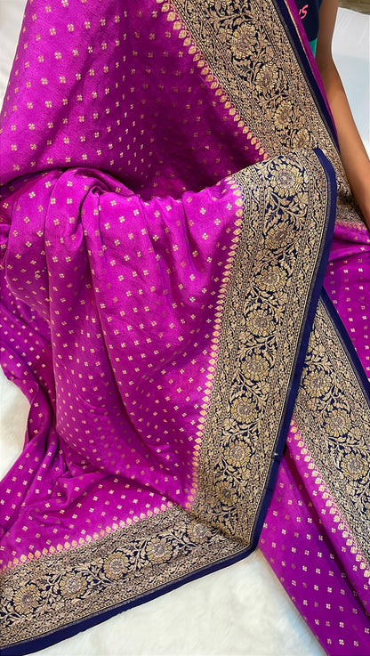 Pure Banarasi Khaddi Crape Silk Handloom Saree with Traditional Corners Rani with Navy Blue color