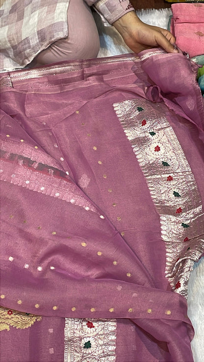 100% Authentic & Luxurious Pure Banarasi Khaddi Chiffon Tissue Saree Purple pink Drape Colour