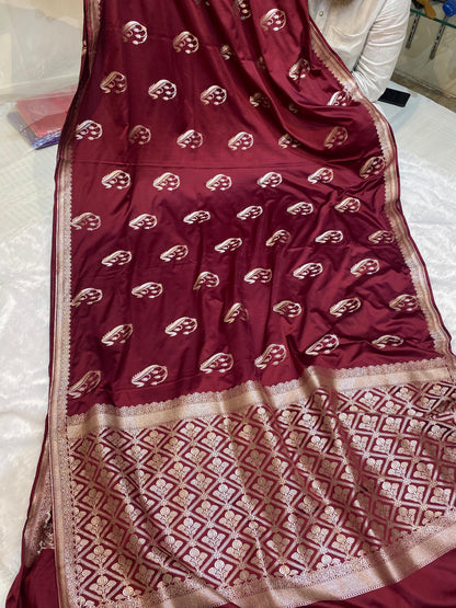 Mashru Silk Saree Imperial Maroon Glow Color With Floral Border All Over Mango Boota MSW24