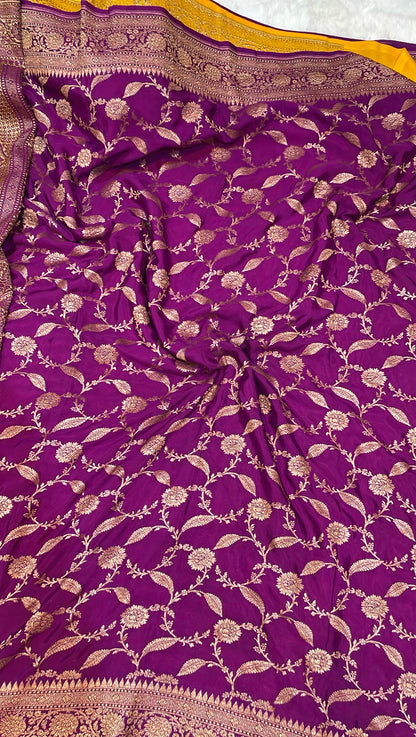 Pure Banarasi Khaddi Crape Silk Handloom Saree with Traditional Corners Yellow With Purple Color
