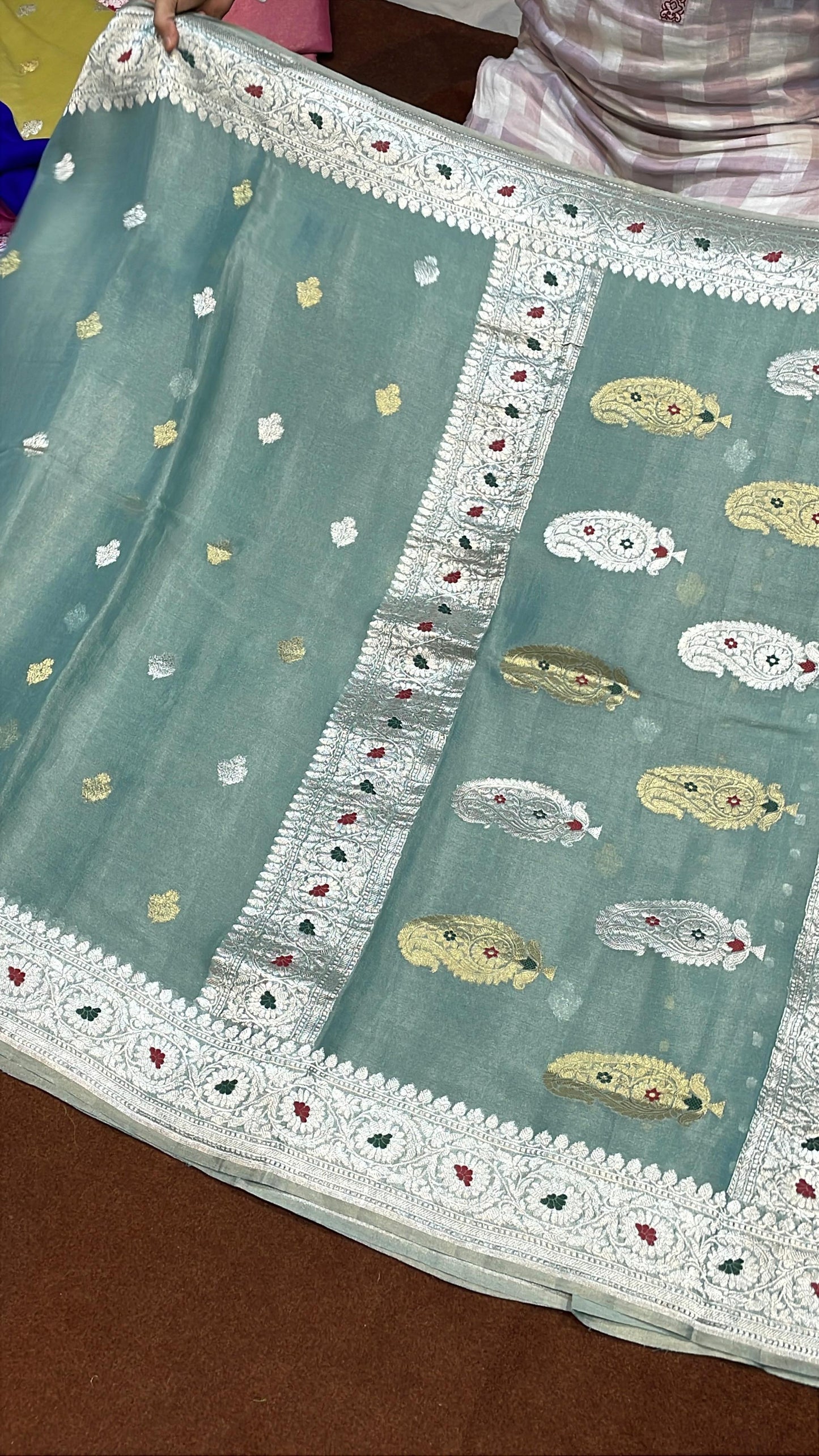 100% Authentic Pure Banarasi Khaddi Chiffon Tissue Saree Powder Blue Colour