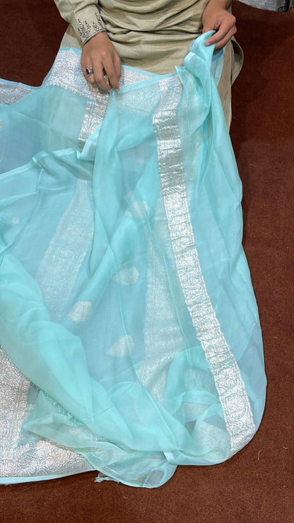 100% Pure Banarasi Khaddi Chiffon Silver Zari Kadwa Buti Handloom Saree Water Blue/Firozi Colour
