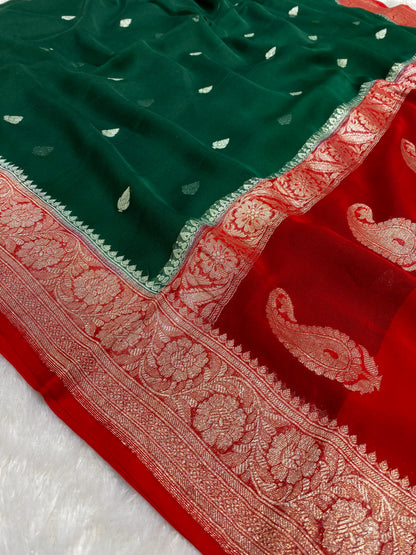 100% Pure Banarasi Khaddi Chiffon Silver Zari Kadwa Buti Handloom Saree Bottle Green with Red Colour