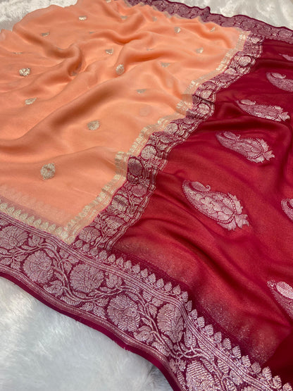 100% Pure Banarasi Khaddi Chiffon Silver Zari Kadwa Buti Handloom Saree Peach Pink Colour
