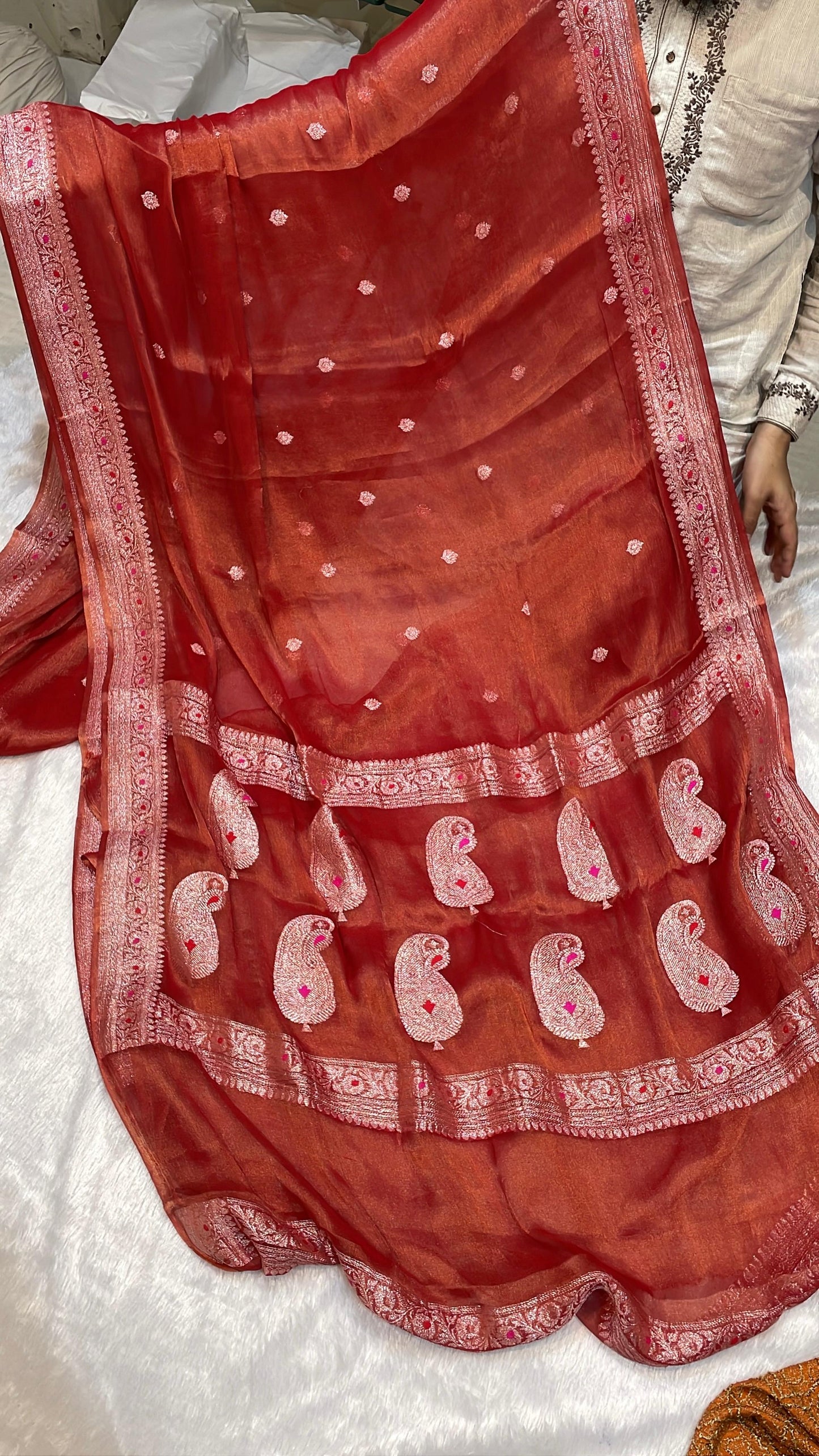 100% Authentic & Luxurious Pure Banarasi Khaddi Chiffon Tissue Saree Rust Red Colour