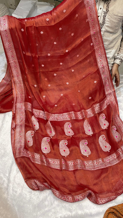 100% Authentic & Luxurious Pure Banarasi Khaddi Chiffon Tissue Saree Rust Red Colour