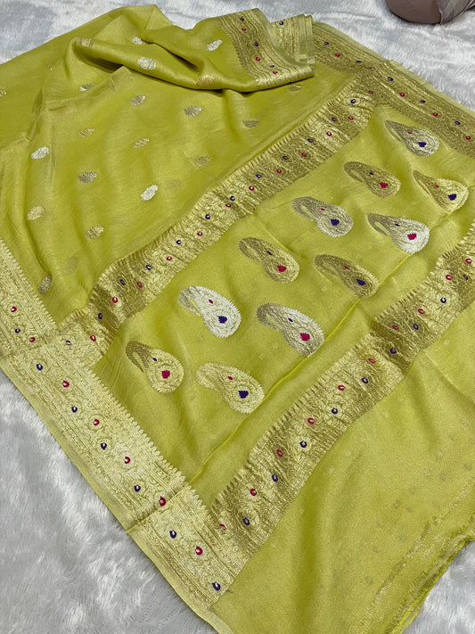 100% Authentic Pure Banarasi Khaddi Chiffon Tissue Saree Lime Green Colour