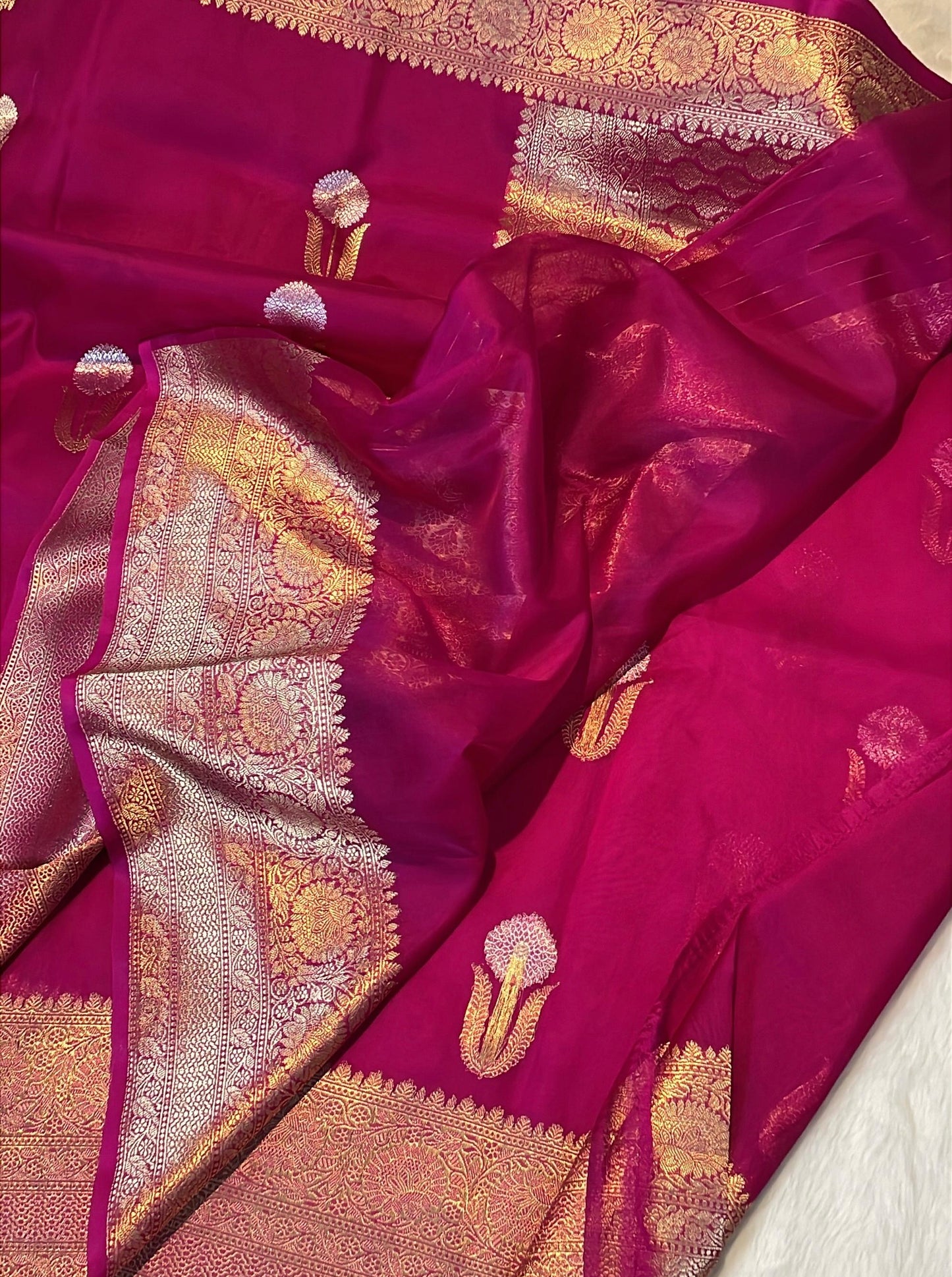 Rani Pink Pure Kora Organza Banarasi Kadhwa Handloom Saree's