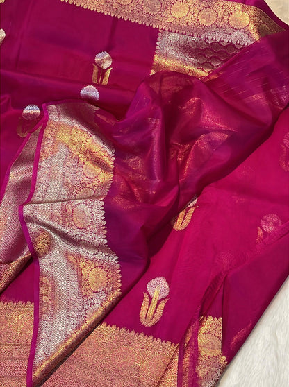 Rani Pink Pure Kora Organza Banarasi Kadhwa Handloom Saree's