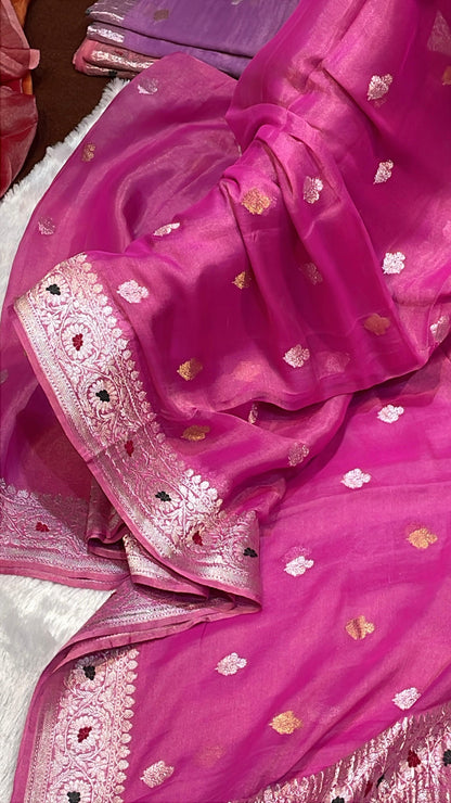 100% Authentic & Luxurious Pure Banarasi Khaddi Chiffon Tissue Saree Noor Rani Royale Pink Colour