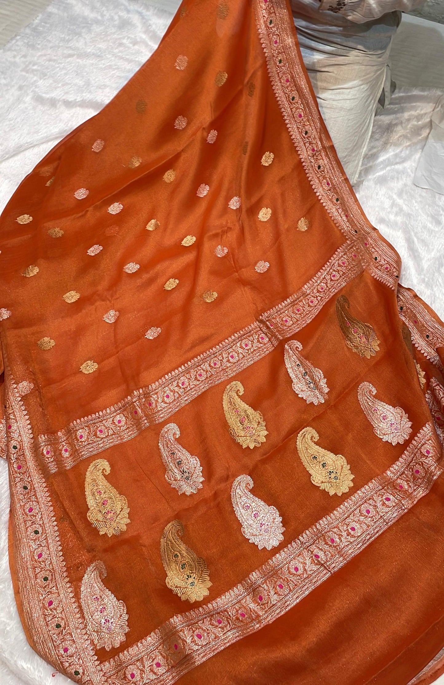 100% Authentic & Luxurious Pure Banarasi Khaddi Chiffon Tissue Saree Rust Orange Colour