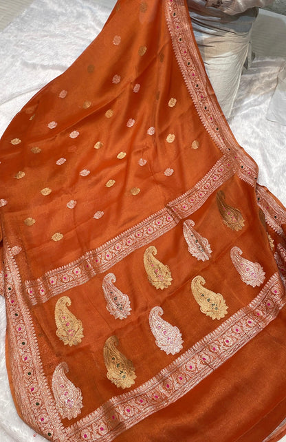 100% Authentic & Luxurious Pure Banarasi Khaddi Chiffon Tissue Saree Rust Orange Colour